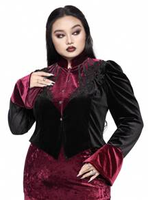 ROMWE Goth New Year Holiday Warm Thermal Velvet Lace Floral Splice Puff Sleeve Cardigan Jacket, Plus Size, For Winter - Black - View 1