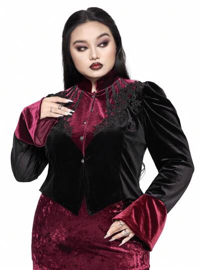Goth New Year Holiday Warm Thermal Velvet Lace Floral Splice Puff Sleeve Cardigan Jacket, Plus Size, For Winter
