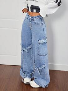 SHEIN PETITE Jeans rectos de pierna suelta y casual con lazo, jeans holgados con lazo, ropa de clima frío, pantalones de invierno para mujer, pantalones navideños, jeans de mujer, jeans holgados de talle bajo con lazo, jeans de mezclilla con lazo, jeans de carga para mujer, pantalones de mujer, pantalones de carga - Lavado ligero - Ver 7