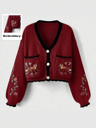 Fairycore Cárdigan casual de mujer para otoño/invierno con bloqueo de color, escote en V y hombros caídos, bordado de zorro, adecuado para Navidad