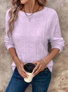 SHEIN LUNE Women's Solid Color Stand Collar Ribbed Casual Basic Tee Shirts - Purple - View 3