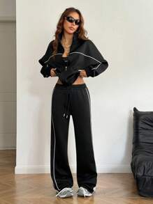 Coolane 女士两件套前拉链长袖连帽衫和抽绳腰裤休闲套装 - 黑色 - 查看 4