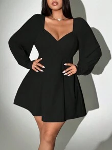 Viva Relle 1 件大码女式纯色甜心领口灯笼袖优雅迷你连衣裙 - 黑色 - 查看 1