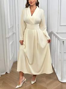 SHEIN Privé Plus Size Women Elegant Office Lady Apricot Shawl Neck Cinched Waist Long Sleeve A-Line Shirt Dress, Suitable For Fall & Winter