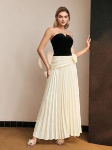 MOTF PREMIUM TWO TONE VELVET BODICE STEREO FLOWER PLEATED HEM TUBE LONG DRESS - Multicolor - View 4
