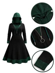 SHEIN LUNE Plus Size Solid Color Patchwork Front Zipper Long Sleeve Simple Hooded Casual Dress