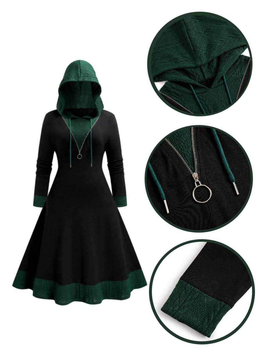 SHEIN LUNE Plus Size Solid Color Patchwork Front Zipper Long Sleeve Simple Hooded Casual Dress