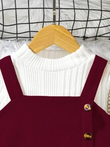 SHEIN Young Girl School/Commute Asymmetrical Suspender Skirt And Ribbed Knit Tank Top Set - Burgundy - View 4