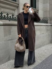 EURMUSE Urban Style Cashmere Look Leather-Like Pocket Warm Feeling Long Women's Coat