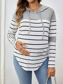 SHEIN 孕妇条纹长袖抽绳连帽哺乳上衣，适合孕妇 - 淺灰色 - 查看 2