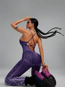 Innovista Seamless Animal Texture Ombre Athletic Sports Spaghetti Strap Jumpsuit, Tummy Control & Butt-Lifting Overall, Workout Outfits, Ombre Purple Spaghetti Strap Jumpsuit Workout, Spaghetti Strap Jumpsuits For Woman - Purple - View 10