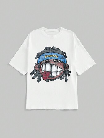 Street Life Women's Loose Graphic Tee 100% Cotton Funny Cartoon Head Print, Streetwear Style