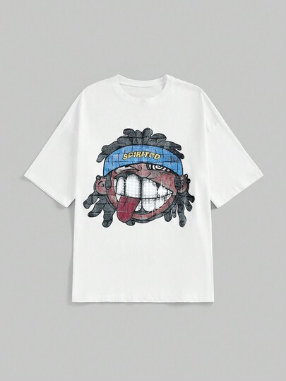 Street Life Camiseta suelta de mujer 100% algodón con estampa de cabeza de dibujo animado divertida, estilo ropa de calle