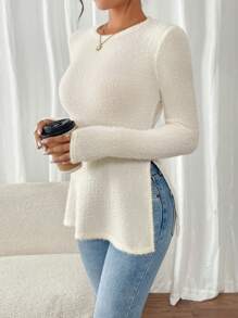 SHEIN Frenchy 女士休闲纯色侧开衩修身 T 恤，秋冬 - 米色 - 查看 1