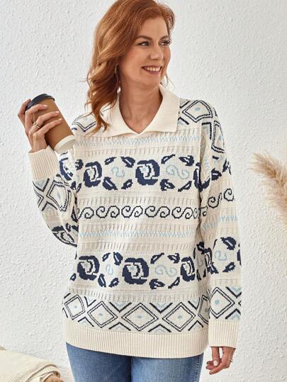 SHEIN Clasi Plus Size Women Casual Colorblock Geometric Pattern Sweater, Fall Autumn/Winter Knit Pullover