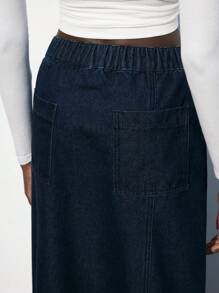 Maija 休闲复古百搭 A 字蓝色牛仔女式中长裙 - 藍色 - 查看 5