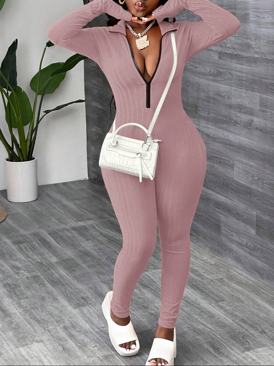 Slaydiva 女式基本款休闲运动高领拉链长袖拇指孔袖口褶皱下摆橙色罗纹紧身连体裤 - 粉色 - 查看 1