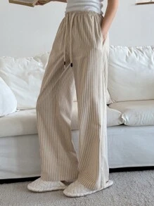 DAZY 条纹宽松休闲家居裤，适合日常休闲、秋季睡衣、冬季穿着 - 杏色 - 查看 8