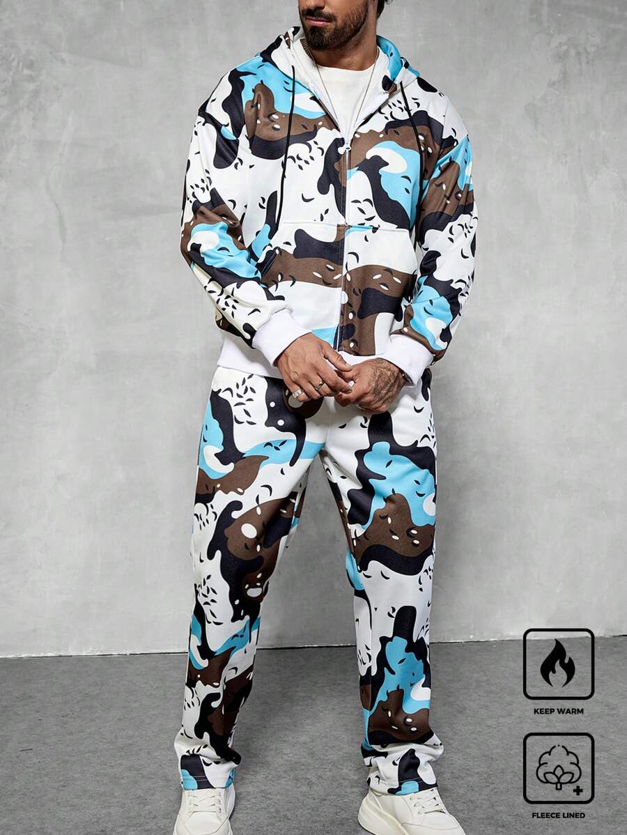 Manfinity LEGND Camouflage Print Zip-Up Hoodie And Pockets Sweatpants Set For Men - Multicolor - View 1