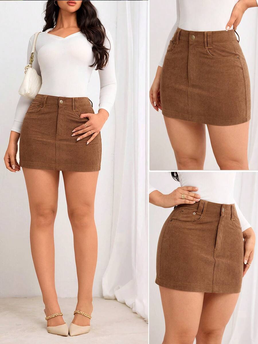 Women's Solid Color Front Button Pocket Minimalist A-Line Skirt, Casual Daily Wear - Coffee Brown - View 1