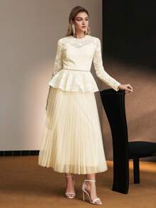 MOTF Soiréza SEQUINS LACE BODICE PLEATED HEM PEPLUM WAIST FORMAL EVENING DRESS