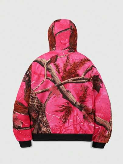 Street Life Sudadera con capucha con cierre de cremallera estampado de camuflaje de rama y árbol muerto, ropa urbana para hombre