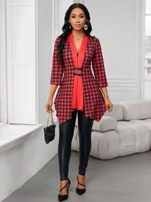 SHEIN Lady Red And Black Houndstooth Print Cardigan,Women's Elegant Office Coat With Metal Buckle & Mid-Length Sleeves,Asymmetrical Hem Autumn Winter Outfits - Red - View 5