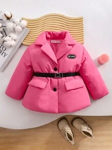 SHEIN Babygirl Autumn/Winter Adorable Fashionable Simple Warm Fleece Letter Print Mid-Length Jacket With Belt, Suitable For Outing, Cool Look