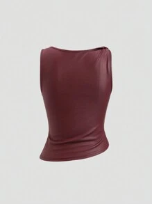 Sweetra 1pc Women Plain Sleeveless Pleated Minimalist Tank Top , Casual For Everyday Wear Y2K - Burgundy - View 2