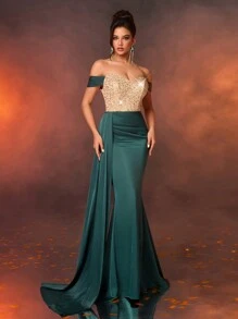 Glamrae Elegante y hermoso vestido de fiesta con escote corazón, de un solo hombro, ajustado y en corte sirena, confeccionado con lentejuelas doradas cosidas sobre satén brillante verde oscuro, con piezas flotantes, adecuado para cenas, fiestas de solteros, galas de noche formal, bailes de graduación, y para invitados de bodas