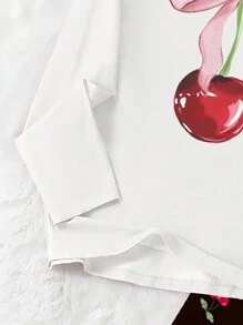 Set da 2 pezzi di abbigliamento casual per ragazze adolescenti, comprendente top bianco con stampa di ciliegie e pantaloni neri con stampa di ciliegie su tutto il capo, set comodo per il tempo libero