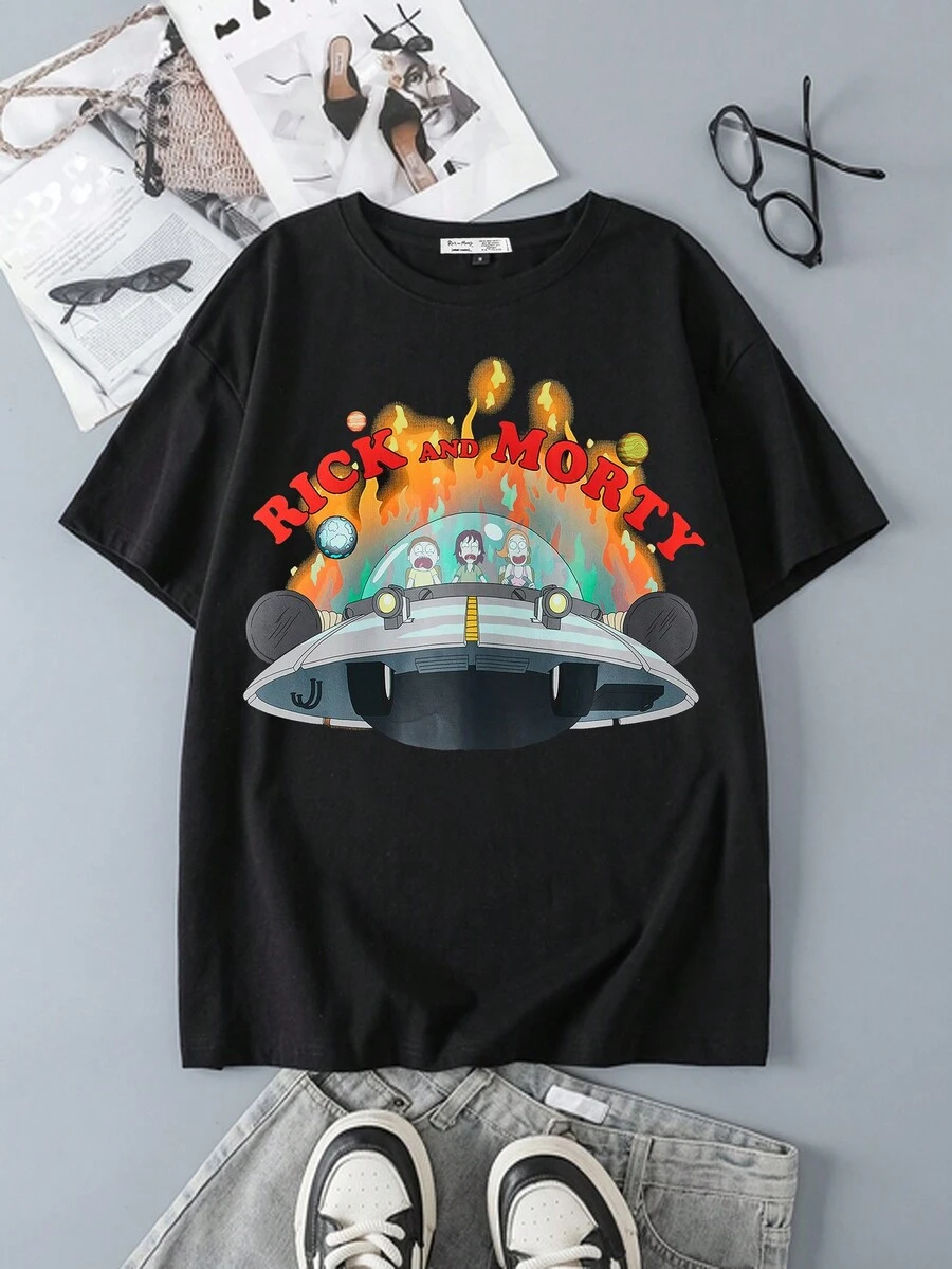 Rick and Morty X SHEIN Áo thun nữ cổ tròn tay ngắn dáng rộng thoải mái, thích hợp cho mùa hè - màu đen - Xem 1