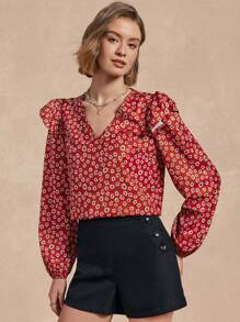 SHEIN Unity Women's Elegant Long Sleeve Ruffle Trim Floral Print Blouse Fall Cloth For Women - Red - View 3