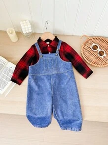 SHEIN Baby Boy 2pcs/Set Casual Daily Raglan Red Plaid Shirt & Denim Effect Suspender Pants Two-Piece Set, Suitable For Autumn/Winter Wear, Indoor And Outdoor