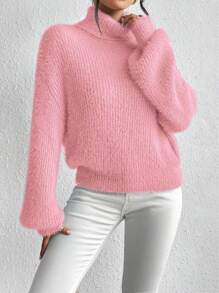 Chiquease 女士休闲纯色宽松高领落肩毛衣，冬季 - 藕粉色 - 查看 5