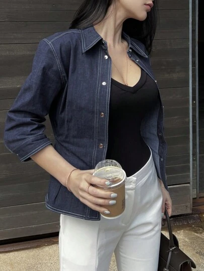 DAZY 女士纯色修身短款纽扣牛仔衬衫，秋季，牛仔夹克，秋季女装