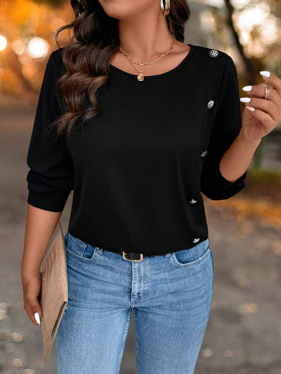 SHEIN LUNE Plus Size Women Solid Round Neck Long Sleeve Button Design Casual Shirt, Autumn Fall Cloth For Women - Black - View 1