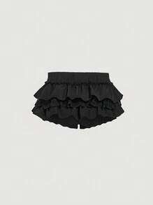 SHEIN MOD Women's Black Ruffle Hem Bow Decor Skort,Bloomer Shorts,Black Ruffle Shorts - Black - View 2