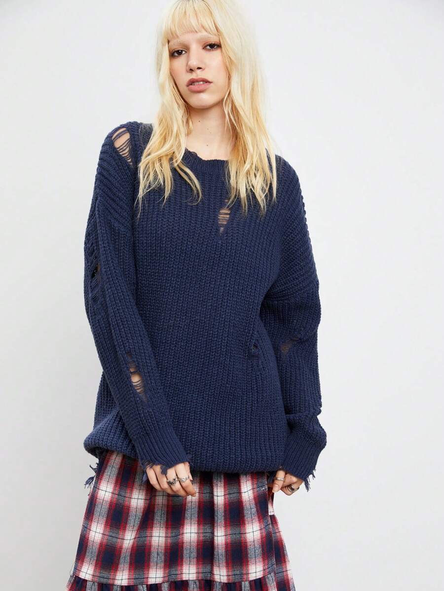 SHEIN Unity Áo len nữ dài tay màu trơn, kiểu dáng tối giản, rách nhẹ, thích hợp mặc hàng ngày, mùa thu đông. - Xanh đậm - Xem 1