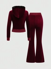 ROMWE 女士红色天鹅绒拼布连帽毛领两件套，适合情人节 - 酒紅色 - 查看 2