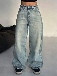 DAZY Women Casual Front Button Pocket Straight Leg Denim Jeans,Baggy Jeans