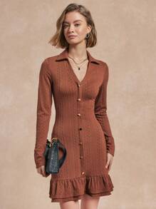 Chiquease Casual Elegant Women Knitted Long Sleeve Button & Tie-Up Belted Fitted Dress Fall Cloth For Women