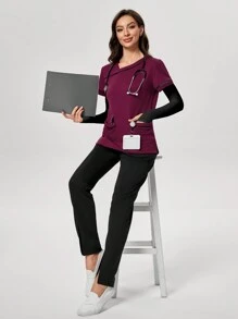 TaskEZ 1 件女士不对称领短袖护理服手术服制服上衣 - 紫色 - 查看 5