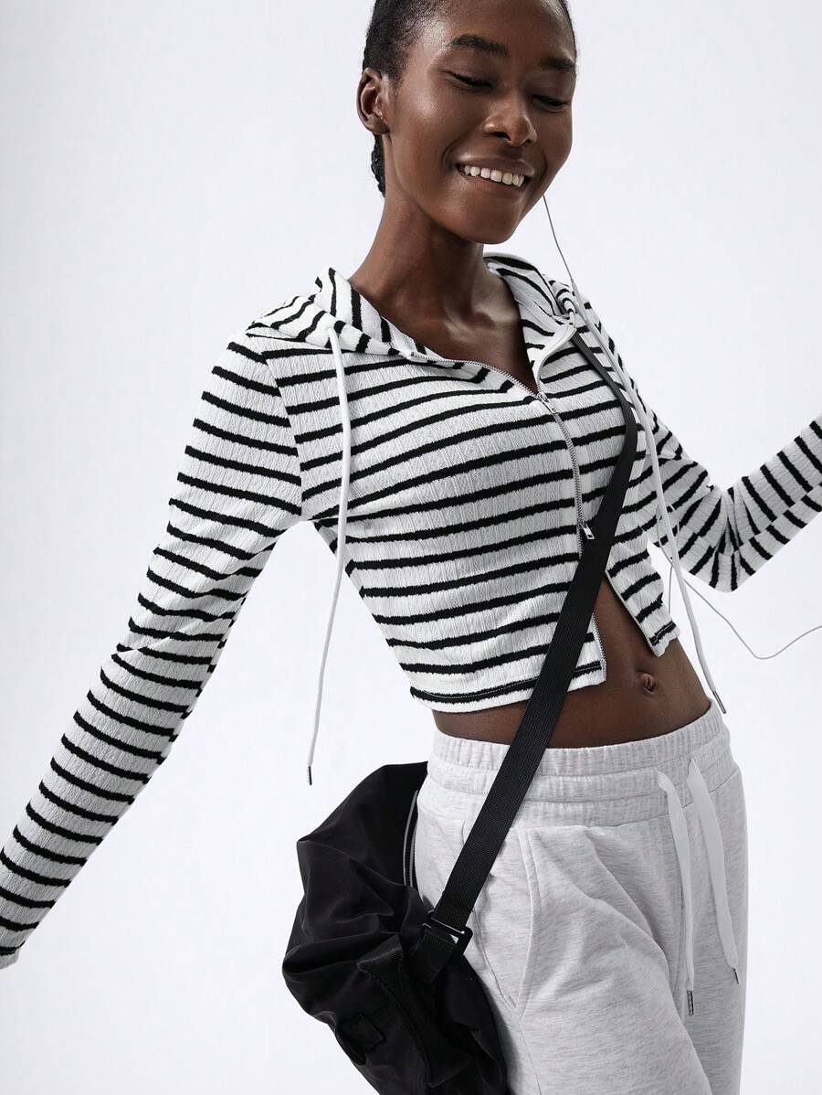 VARSITIE Black And White Striped Hooded Long Sleeves With Zipper Closure Women Jackets - Black and White - View 1