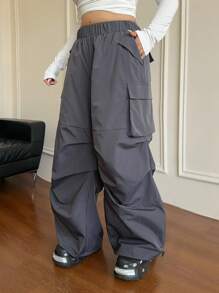 Flirla 大码女式休闲街头装美式开叉设计直腿工装裤，适合返校和日常穿着 - 灰色 - 查看 4