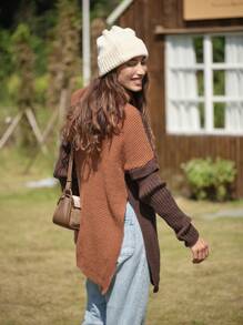 LanaWest Women Hooded Contrast Color Split Hem Casual Pullover Sweater, Long Sleeve