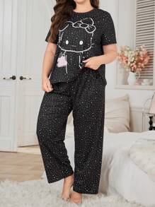 Rabbit Bow Decor Casual Sleepwear Set, Suitable For All Seasons, Plus Size
