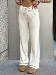 EURMUSE Women's Solid Casual Drawstring Knitted Pants - Beige - View 1