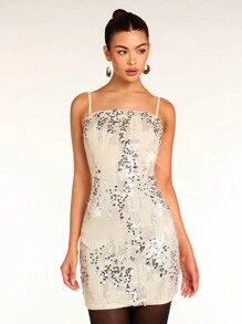 Glamine Vestido de fiesta de mujer con decoración de lentejuelas y tirantes finos