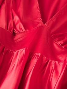 SHEIN Unity Fitted V-Neck Ruched Shiny Elegant Dress Fall Cloth For Women - Red - View 5
